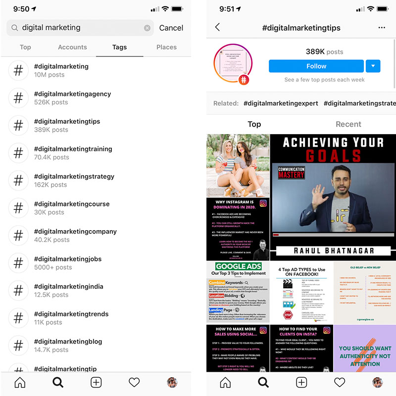 Searching hashtags on Instagram example