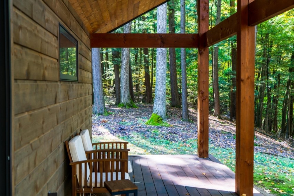 the front porch of a studio space for artists at Yaddo in Saratoga, NY