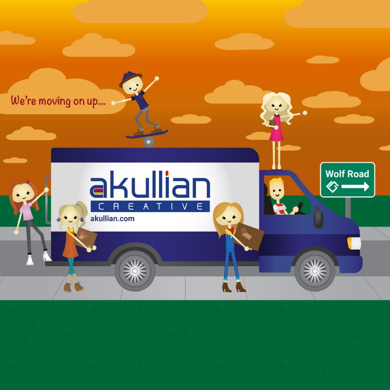 Illustration of the Akullian team moving into their new studio on Wolf Road