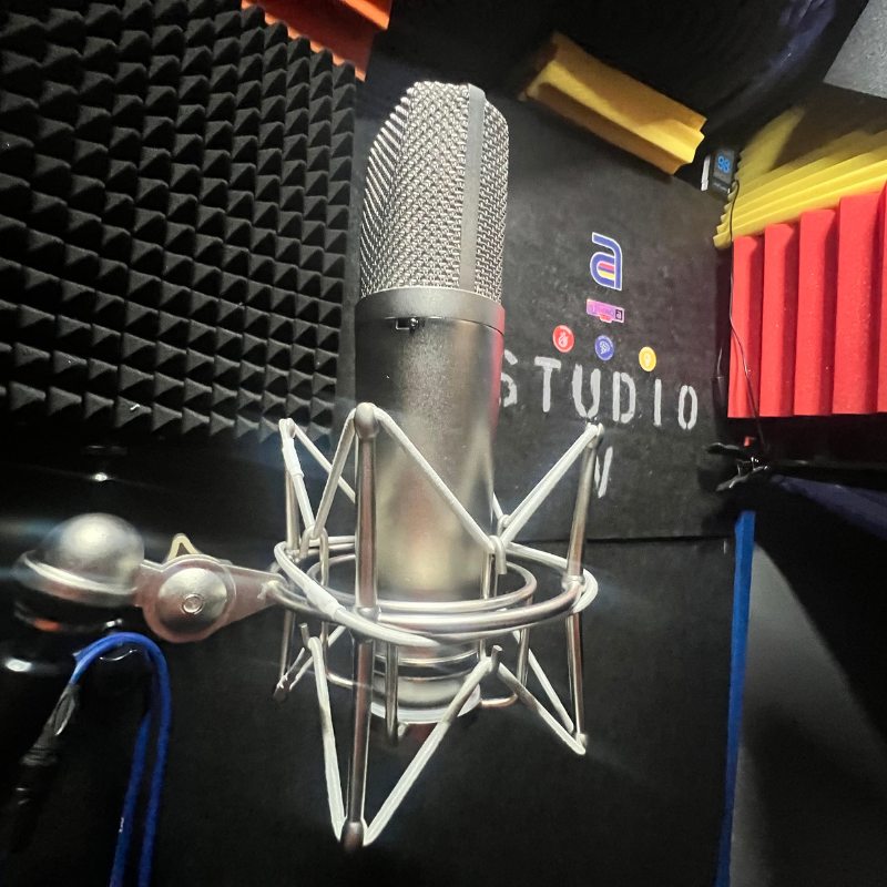 Our new recording microphone in our recording booth Studio V