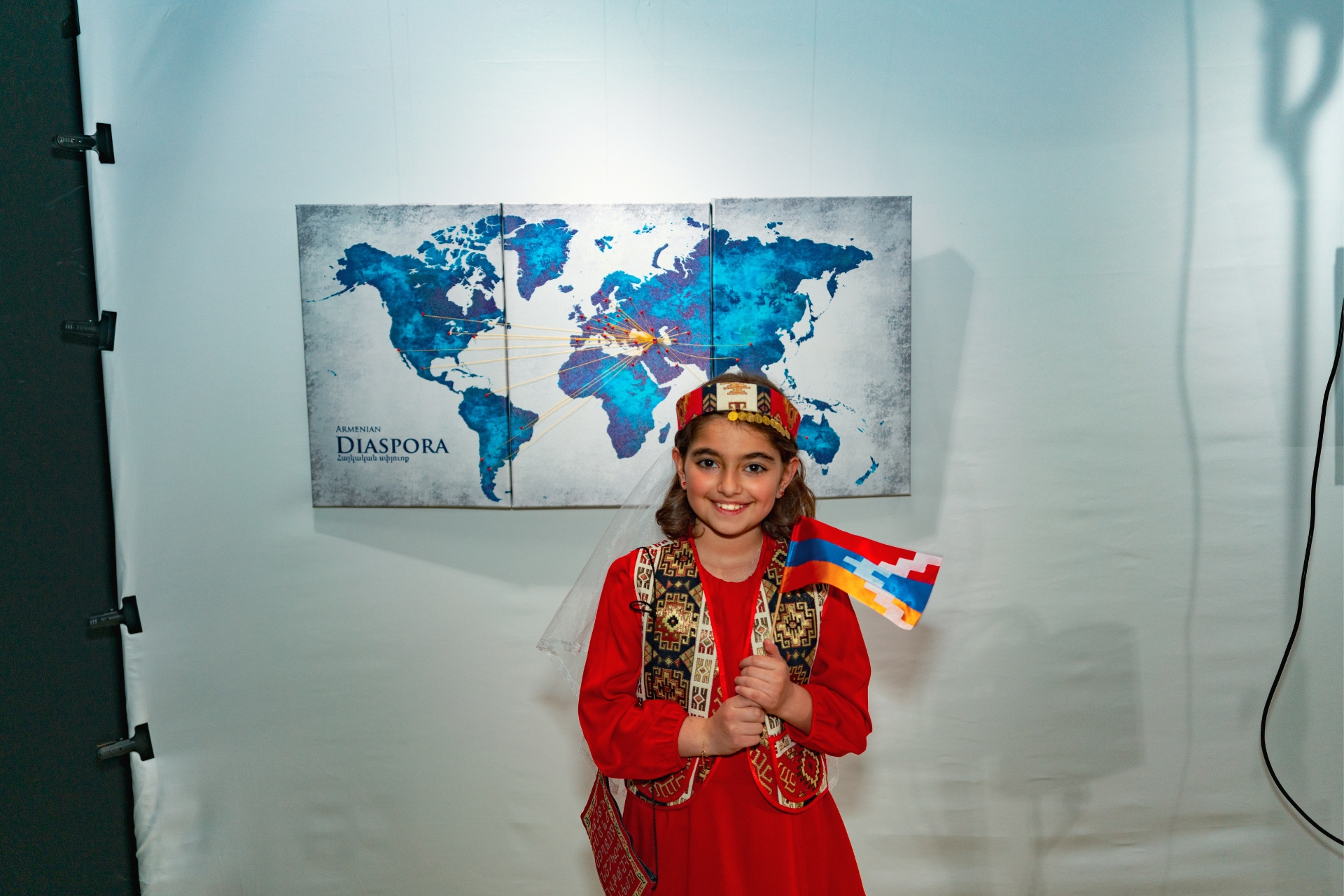 Armenian girl in front of diaspora map